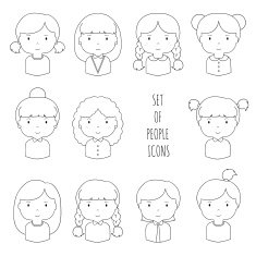 Set of line female faces icons