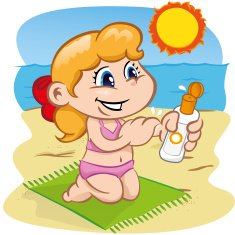 Character child in passing sunscreen at the beach