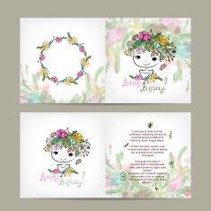 Postcard floral design with cute girl sketch