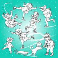 Children playing in snow SET Christmas season Winter activities