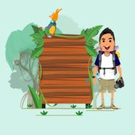 jungle wood sign with anventure boy presenting - vector ullustration