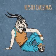 Hand drawn goat man Hipster Christmas greeting card