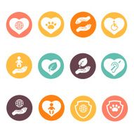 Charity donation social services and volunteer white round buttons icons