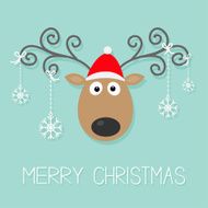 Cute cartoon deer with curly horns red hat and hanging