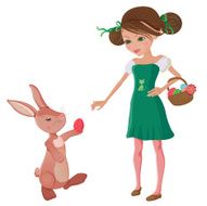 Girl and bunny on an egg hunt isolated
