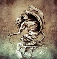 Sketch of tattoo art gargoyle demon design elements over vinta