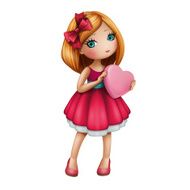 cute redhead girl in red dress holding pink heart