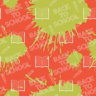 School seamless pattern on orange and green blots ink background