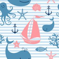 Seamless pattern with cute whales sailing