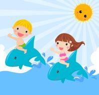 Cartoon Boy and girl riding dolphins