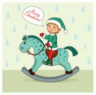 Cheerful Christmas elf sitting on a toy rocking horse