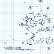 Cute sheep girl skates Winter doodle Sketchy notepaper