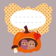 Card with lovely owlets in pumpkin