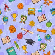 Seamless pattern Back to school on purple background with leaves