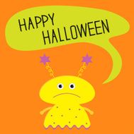 Cute yellow monster with speech text bubble Halloween card Flat