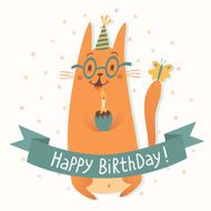 Happy Birthday vector card with a cat