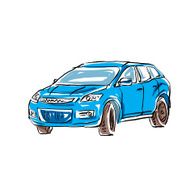 Colored hand drawn car on white background illustratio