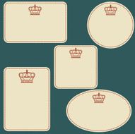 set of five empty tags with colorful hand drawn crown
