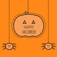 Halloween card with hanging pumpkin two spiders Dash line Flat