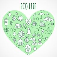 Hand drawn eco life icons in heart shape