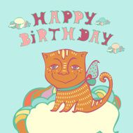Vector happy birthday card with cute cat