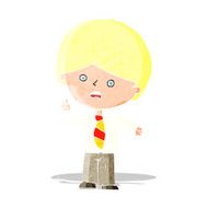 cartoon worried school boy raising hand