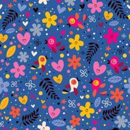flowers hearts birds love nature seamless pattern