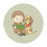 Boy and dog reading a book