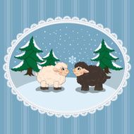 Illustration with small lambs admiring snow