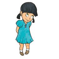 Cute shy cheerful little girl in blue dress Cartoon illustration