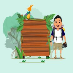 jungle wood sign with anventure boy presenting - vector ullustration