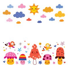 mushrooms birds clouds sun kids background illustration