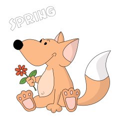 Cute cartoon little fox kid sitting and holding a flower