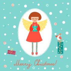 Cute cartoon angel with gift boxes and bird