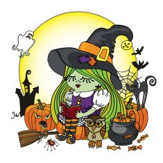 Halloween Witch girl reading book Illstration