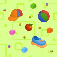 Childish seamless colorful pattern with cube ball and shoes