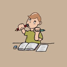 little boy biting a pencil
