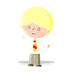 cartoon worried school boy raising hand