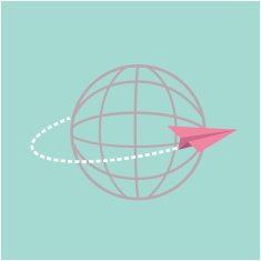 Origami paper plane flying around the world globe Flat design