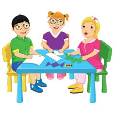 Kids Working On Table Vector Illustration