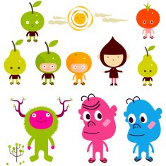 fruit and brat character set with tree sun clouds