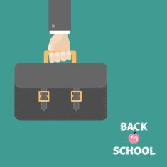 Hand holding black schoolbag briefcase Flat design style