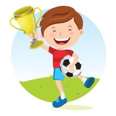 Soccer boy holding gold trophy