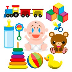 Vector Cartoon Cute Baby And Different Toys Objects