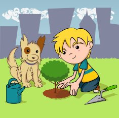 Child planting a tree dog and kid environmental
