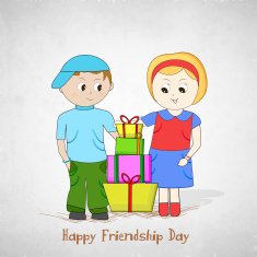 Cute friends holding colorful gift boxes on Friendship Day celebrations