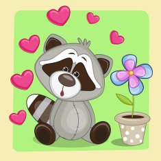 Raccoon with heart and flower
