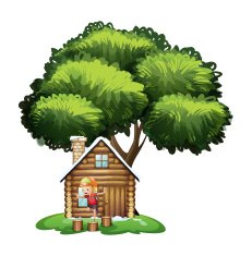 House under the tree with a little boy playing