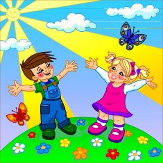 Happy cartoon kids on a sunny lawn