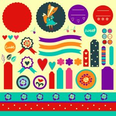 Scrapbook elements with fox flowers and hearts